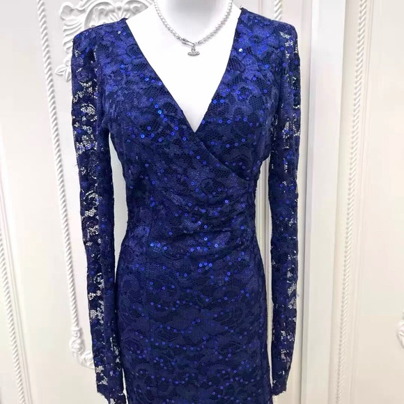Chic Royal Blue Sequin Lace Dress - Picture 1 of 2